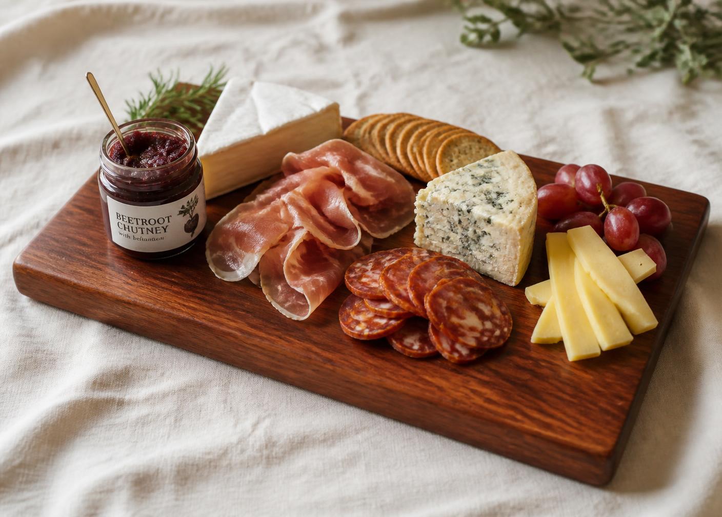 Premium Kiaat charcuterie board with cheese, cured meats and beetroot chutney