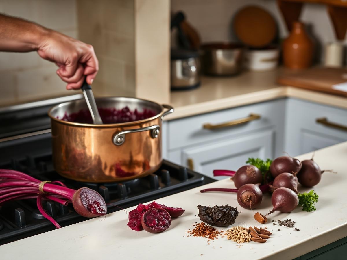 Beetroot chutney being cooked by hand in a copper pot